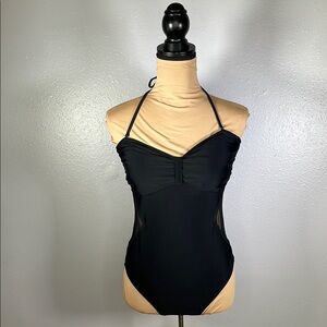 Black ruched sweetheart neck mesh halter one piece swimsuit vacation pool sz L